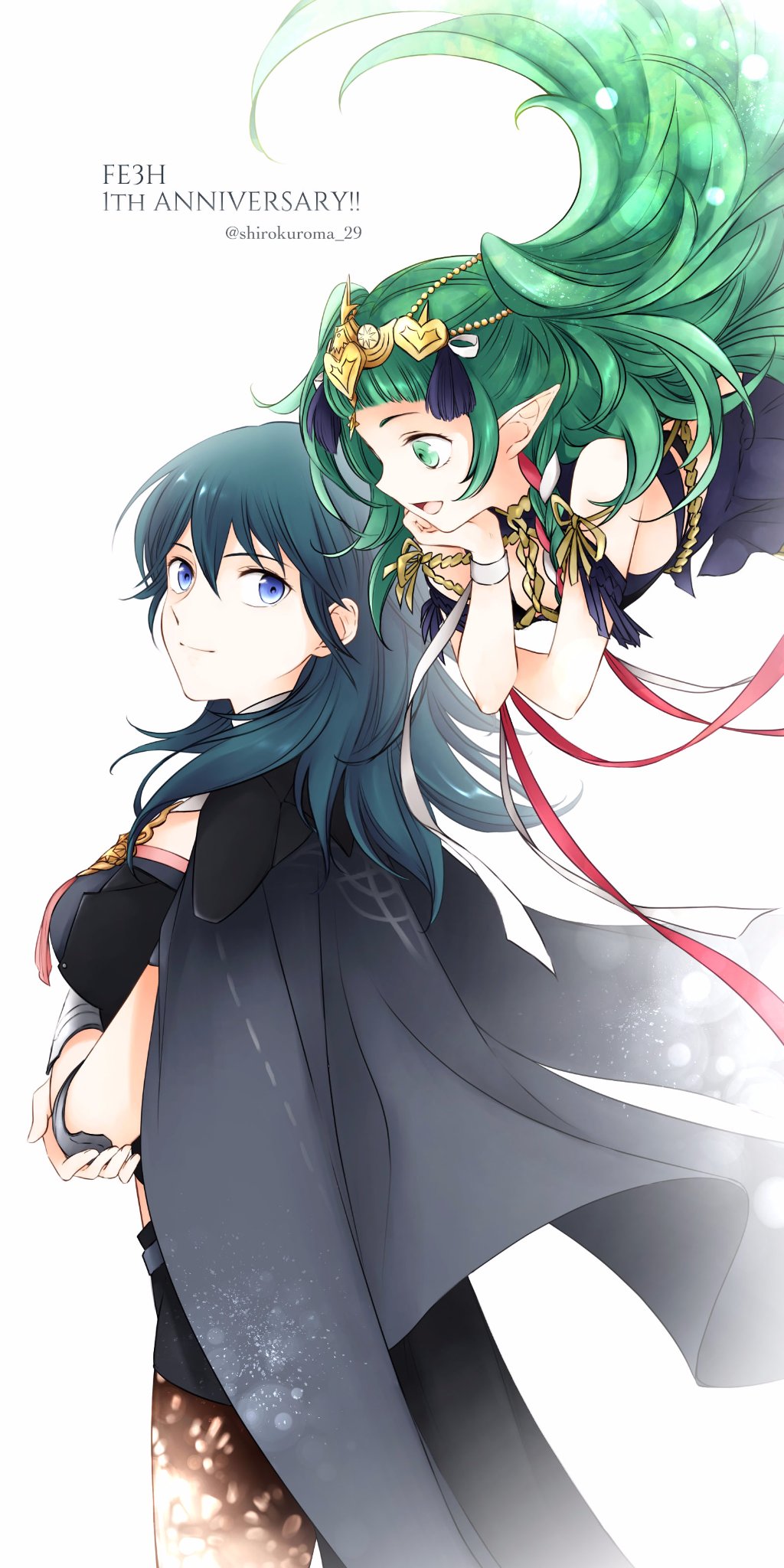 2girls anniversary black_shorts blue_eyes blue_hair braid byleth_(fire_emblem) byleth_eisner_(female) closed_mouth copyright_name fire_emblem fire_emblem:_three_houses from_side green_eyes green_hair highres long_hair multiple_girls open_mouth pantyhose pointy_ears ribbon_braid shirokuroma_29 shorts simple_background sothis_(fire_emblem) tiara twin_braids twitter_username white_background