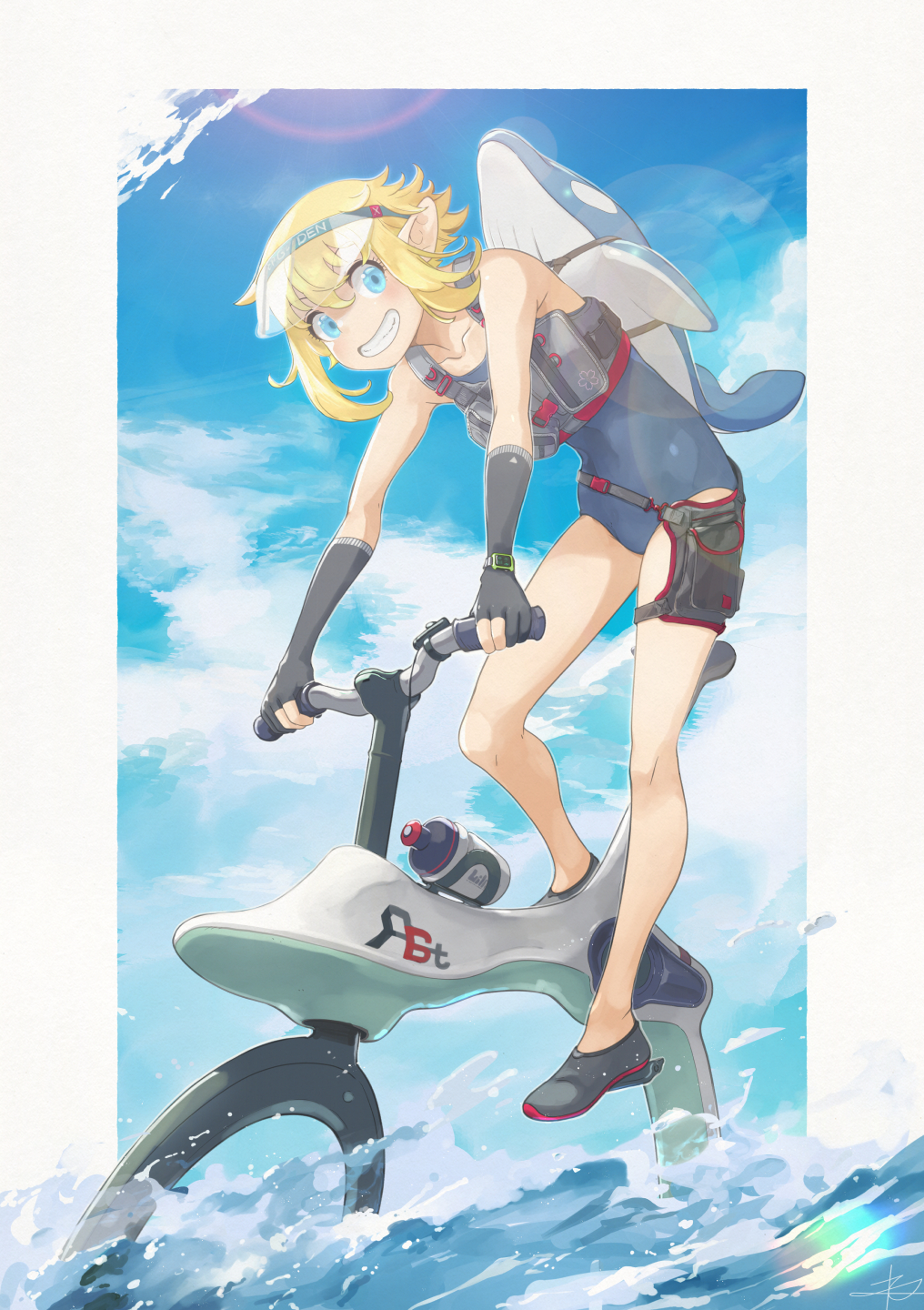 1girl bare_legs bicycle blonde_hair blue_eyes commentary day gloves grin ground_vehicle highres inflatable_toy load_bearing_vest looking_at_viewer original outdoors partly_fingerless_gloves pointy_ears pouch school_swimsuit short_hair sky smile solo swimsuit visor_cap watch watch water yunar