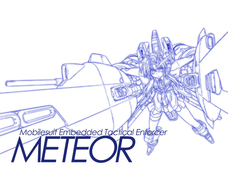 1girl bangs clenched_hands closed_mouth dual_wielding freedom_gundam gundam gundam_seed hair_between_eyes headgear holding humanization long_hair mecha_musume meteor_(gundam) miniskirt monochrome outstretched_arms pleated_skirt shinjou_satomi simple_background skirt solo thigh_strap v-fin white_background