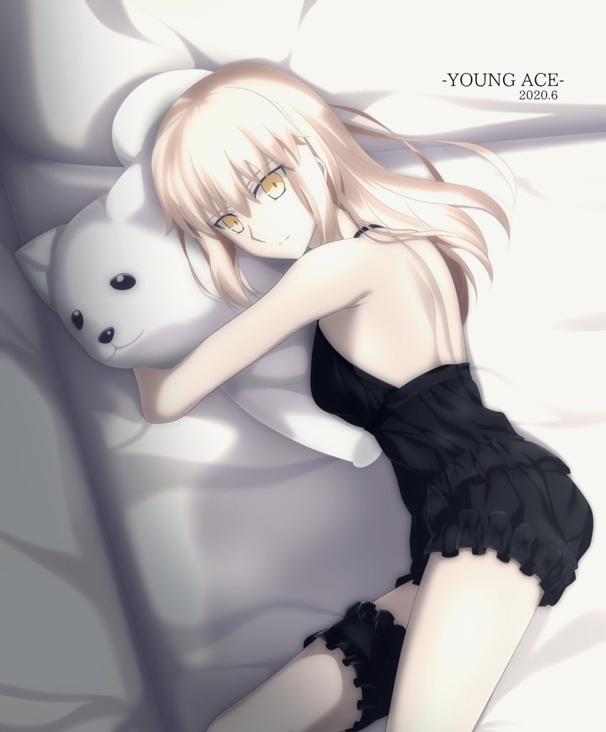 1girl 2020 artoria_pendragon_(all) bangs bed_sheet black_shirt black_shorts blonde_hair closed_mouth fate/stay_night fate_(series) foo_(pixiv54892036) frilled_shorts frills from_above hair_between_eyes hair_down long_hair looking_at_viewer lying on_side pajamas saber_alter shirt short_shorts shorts shoulder_blades sleeveless sleeveless_shirt smile solo straight_hair thigh_strap title yellow_eyes