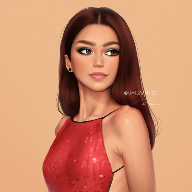 1girl artist_name backless_dress backless_outfit bare_shoulders brown_eyes brown_hair dress earrings evening_gown jewelry long_hair looking_to_the_side orange_background photo-referenced real_life red_dress signature simple_background solo turning_head umigraphics upper_body zendaya
