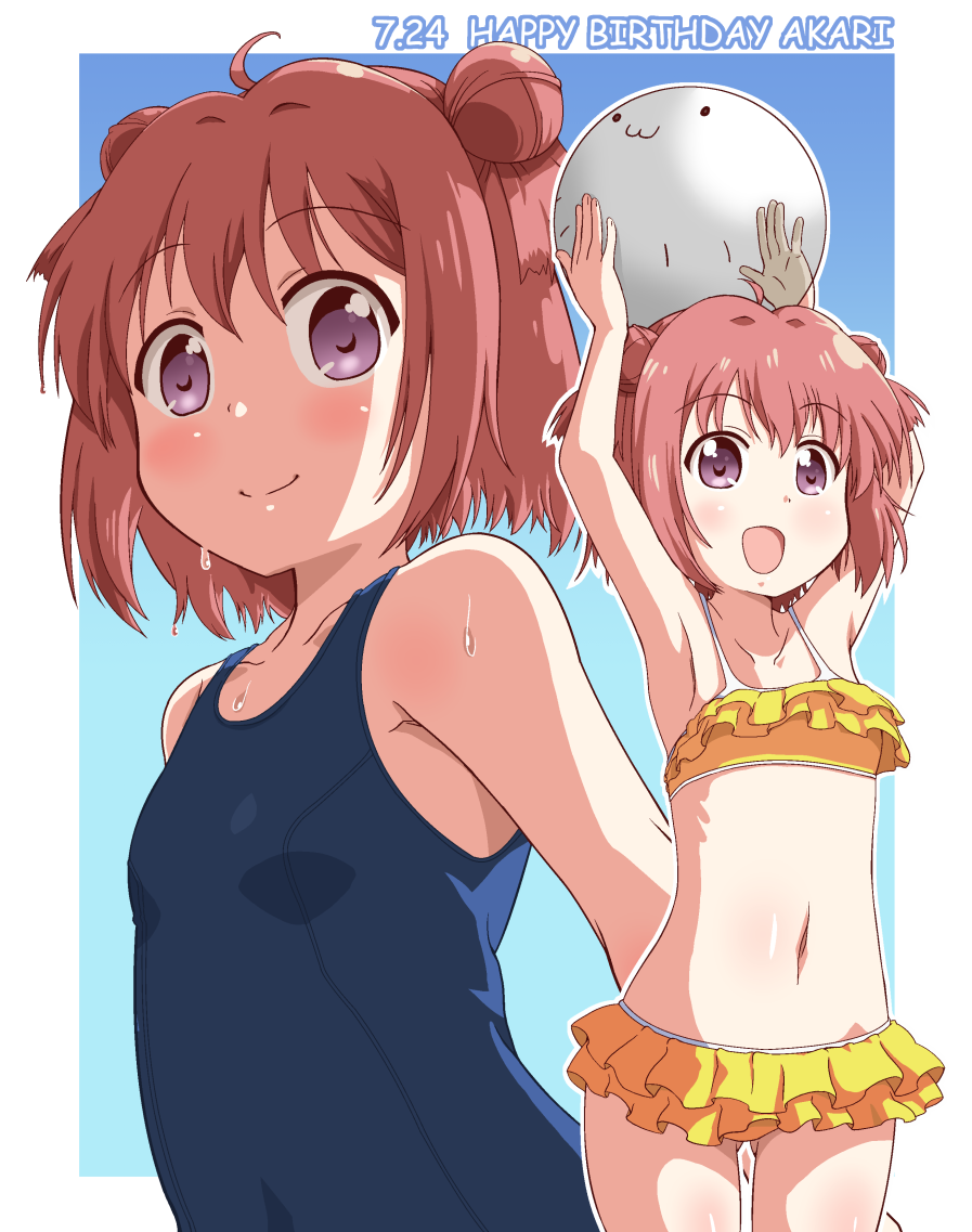 1girl akaza_akari armpits arms_up ass_visible_through_thighs ball beachball bikini bikini_skirt breasts double_bun frilled_bikini frills hair_bun happy_birthday ki_(adotadot) navel one-piece_swimsuit open_mouth redhead school_swimsuit short_hair small_breasts smile solo swimsuit thigh_gap thighs two_side_up violet_eyes yellow_bikini yuru_yuri