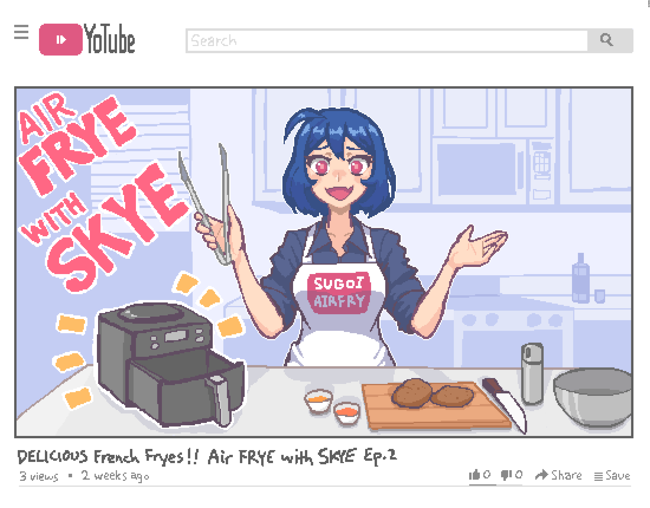 1girl ahoge apron blue_hair blue_shirt breasts collarbone collared_shirt cooking cutting_board eyebrows_visible_through_hair fang food hair_between_eyes hcnone highres kitchen kitchen_knife large_breasts looking_at_viewer microwave open_mouth original pink_eyes pixel_art shirt short_hair short_sleeves skye_(hcnone) sleeves_rolled_up smile solo tongs white_apron youtube