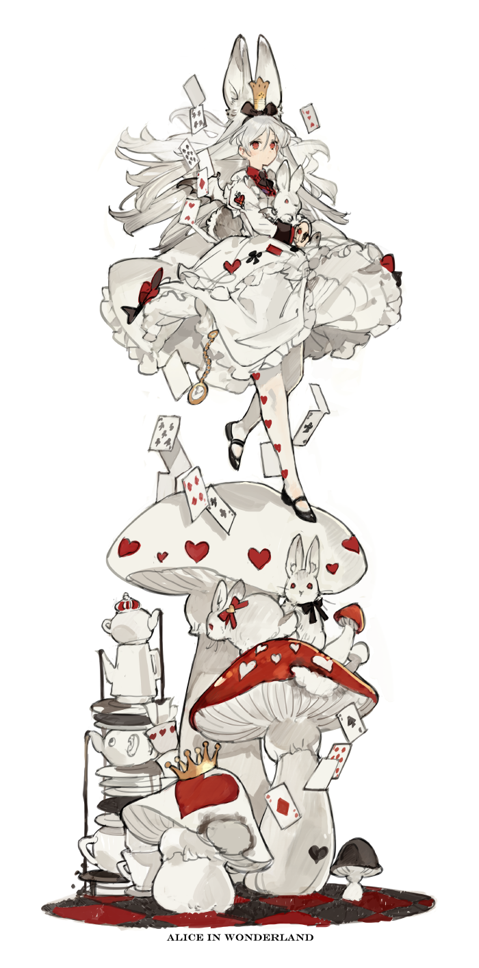 1girl ace_of_diamonds ace_of_spades alice_in_wonderland animal_ears black_footwear bow card club_(shape) commentary_request crown diamond_(shape) dress heart heart_print highres holding_bunny long_hair long_sleeves mushroom pantyhose personification playing_card pocket_watch rabbit rabbit_ears red_eyes simple_background spade_(shape) standing starshadowmagician teapot watch white_background white_dress white_hair white_legwear white_rabbit