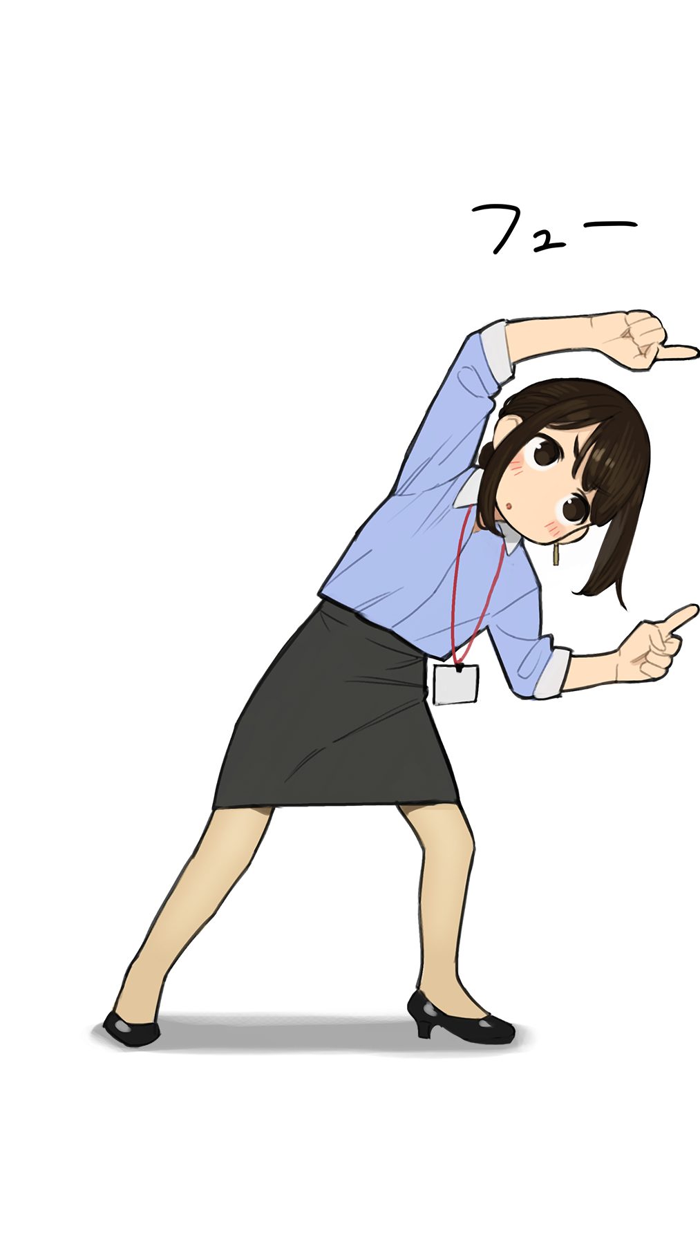 1girl blue_shirt brown_hair brown_legwear fusion_dance ganbare_douki-chan grey_skirt highres id_card office_lady office_lady_(yomu_(sgt_epper)) pantyhose pencil_skirt shirt sidelocks simple_background skirt solo tied_hair translated white_background yomu_(sgt_epper)