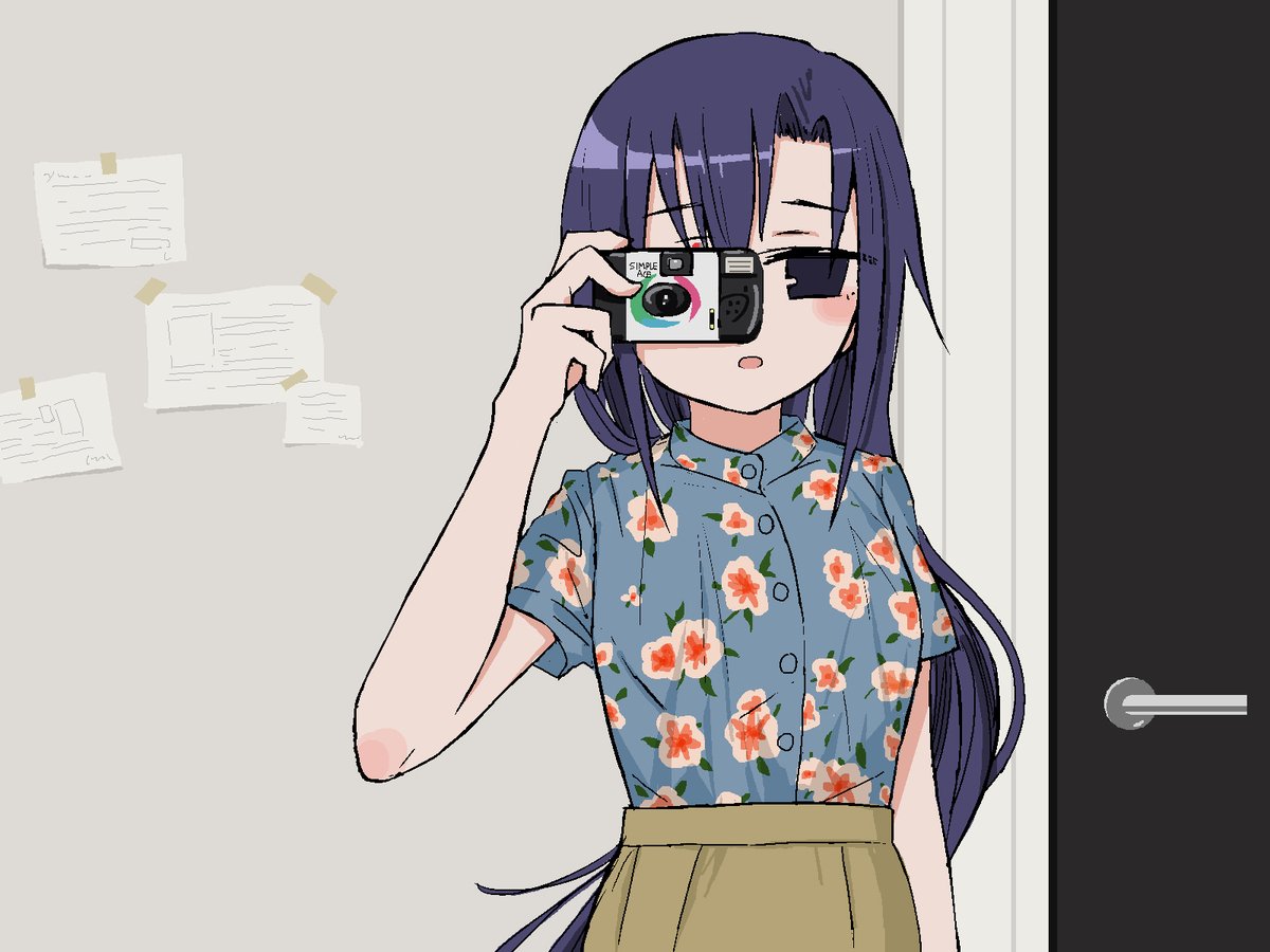 1girl blue_shirt blush brown_skirt camera door floral_print goshiki_agiri hand_up high-waist_skirt holding holding_camera kill_me_baby looking_at_viewer nadegata parted_lips purple_hair shirt short_sleeves skirt solo taking_picture upper_body violet_eyes