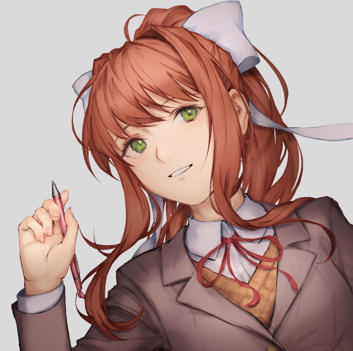 1girl bangs brown_hair commentary doki_doki_literature_club green_eyes grey_background grey_jacket hair_ribbon holding holding_pen jacket kouzuki_kei long_hair looking_at_viewer lying monika_(doki_doki_literature_club) neck_ribbon on_back parted_lips pen ponytail red_neckwear red_ribbon ribbon school_uniform simple_background smile solo