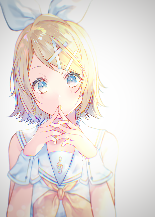 1girl bangs bare_shoulders blonde_hair blue_eyes blush closed_mouth commentary eyebrows_visible_through_hair gradient gradient_background grey_background hair_ornament hair_ribbon hairclip hands_together hands_up kagamine_rin looking_at_viewer nail_polish neckerchief own_hands_together ribbon sailor_collar school_uniform serafuku shiomizu_(swat) shirt sleeveless sleeveless_shirt solo swept_bangs upper_body vocaloid vocaloid_(sour-type_ver) white_ribbon white_sailor_collar white_shirt wrist_cuffs x_hair_ornament yellow_nails yellow_neckwear
