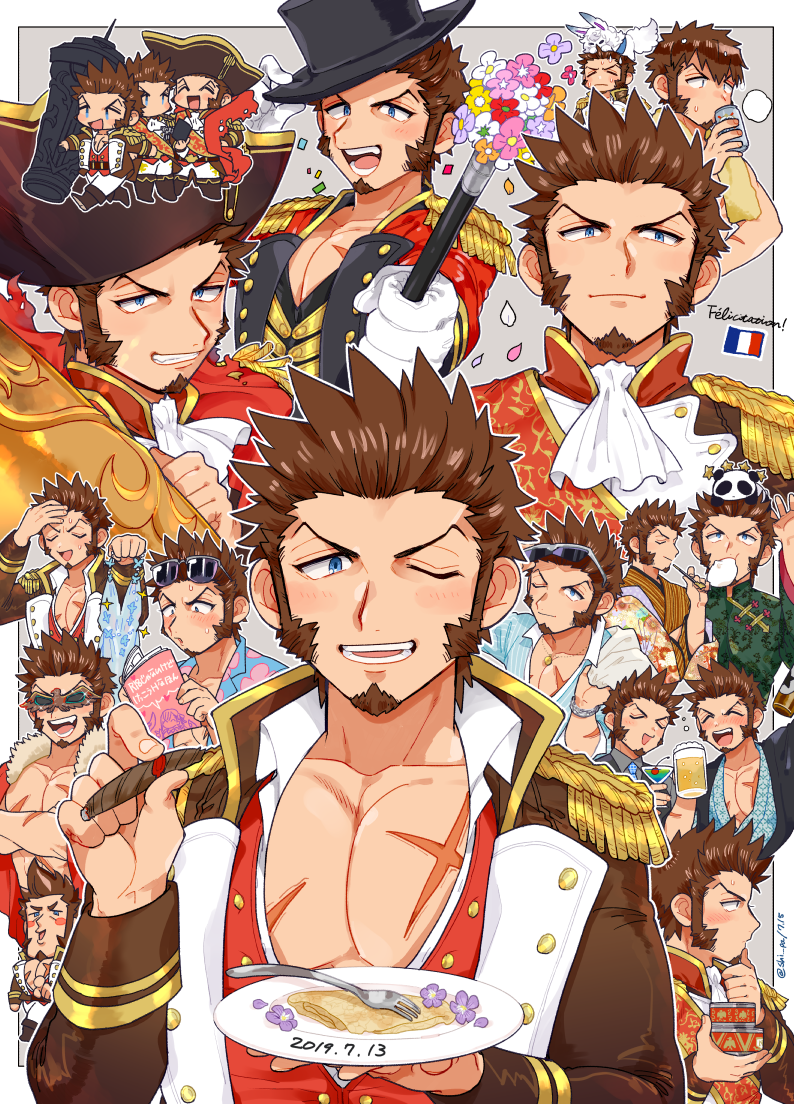 1boy beard blue_eyes blush brown_hair chest chibi chinese_clothes cigar closed_eyes collage commentary_request cup dress eating epaulettes facial_hair fate/grand_order fate_(series) flower fou_(fate/grand_order) french_flag glasses hat large_hat long_sleeves looking_at_viewer male_focus military multiple_views muscle napoleon_bonaparte_(fate/grand_order) open_clothes panda pants pectorals scar shitappa smile sundress weapon