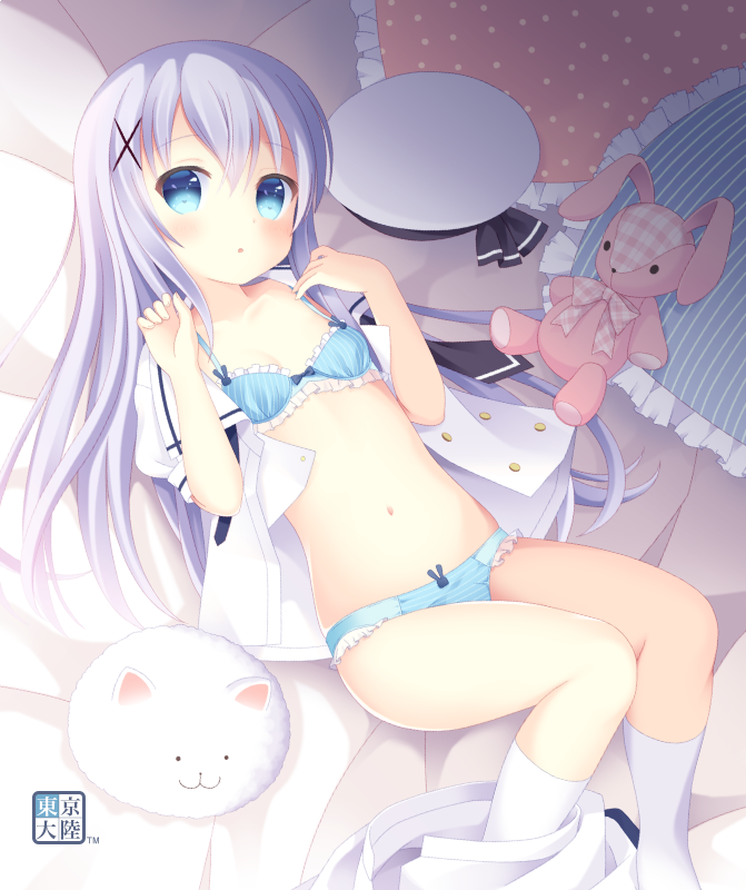 1girl angora_rabbit artist_logo artist_name bangs bed_sheet black_ribbon blue_eyes blue_hair blush bow bow_bra bow_panties bra breasts commentary frilled_bra frilled_panties frills from_above gochuumon_wa_usagi_desu_ka? hair_ornament hat hat_ribbon kafuu_chino kurasawa_kyoushou long_hair looking_at_viewer lying no_pants on_back on_bed open_clothes open_shirt panties parted_lips rabbit ribbon sailor_hat shirt short_sleeves skirt skirt_around_one_leg small_breasts socks solo striped striped_panties stuffed_animal stuffed_bunny stuffed_toy tippy_(gochiusa) underwear vertical-striped_bra vertical_stripes white_headwear white_legwear white_shirt white_skirt x_hair_ornament