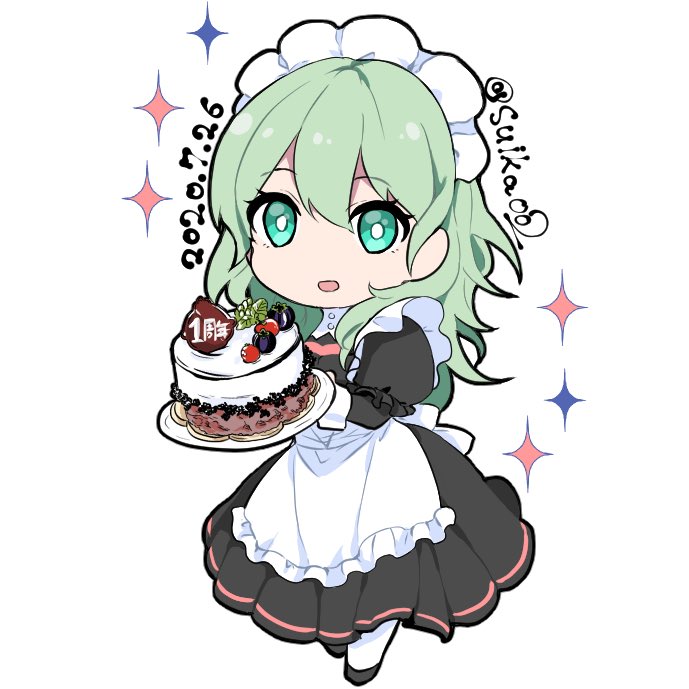 1girl byleth_(fire_emblem) byleth_eisner_(female) cake dated fire_emblem fire_emblem:_three_houses food green_eyes green_hair holding ijiro_suika long_sleeves maid maid_headdress open_mouth simple_background solo twitter_username white_background
