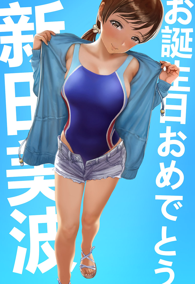 1girl background_text blue_background blue_jacket blue_swimsuit brown_eyes brown_hair competition_swimsuit denim denim_shorts full_body grey_shorts hamedoragon hood hooded_jacket hoodie idolmaster idolmaster_cinderella_girls jacket long_hair looking_at_viewer low_ponytail nitta_minami one-piece_swimsuit open_clothes open_jacket open_toe_shoes short_shorts shorts solo swimsuit swimsuit_under_clothes translation_request undressing