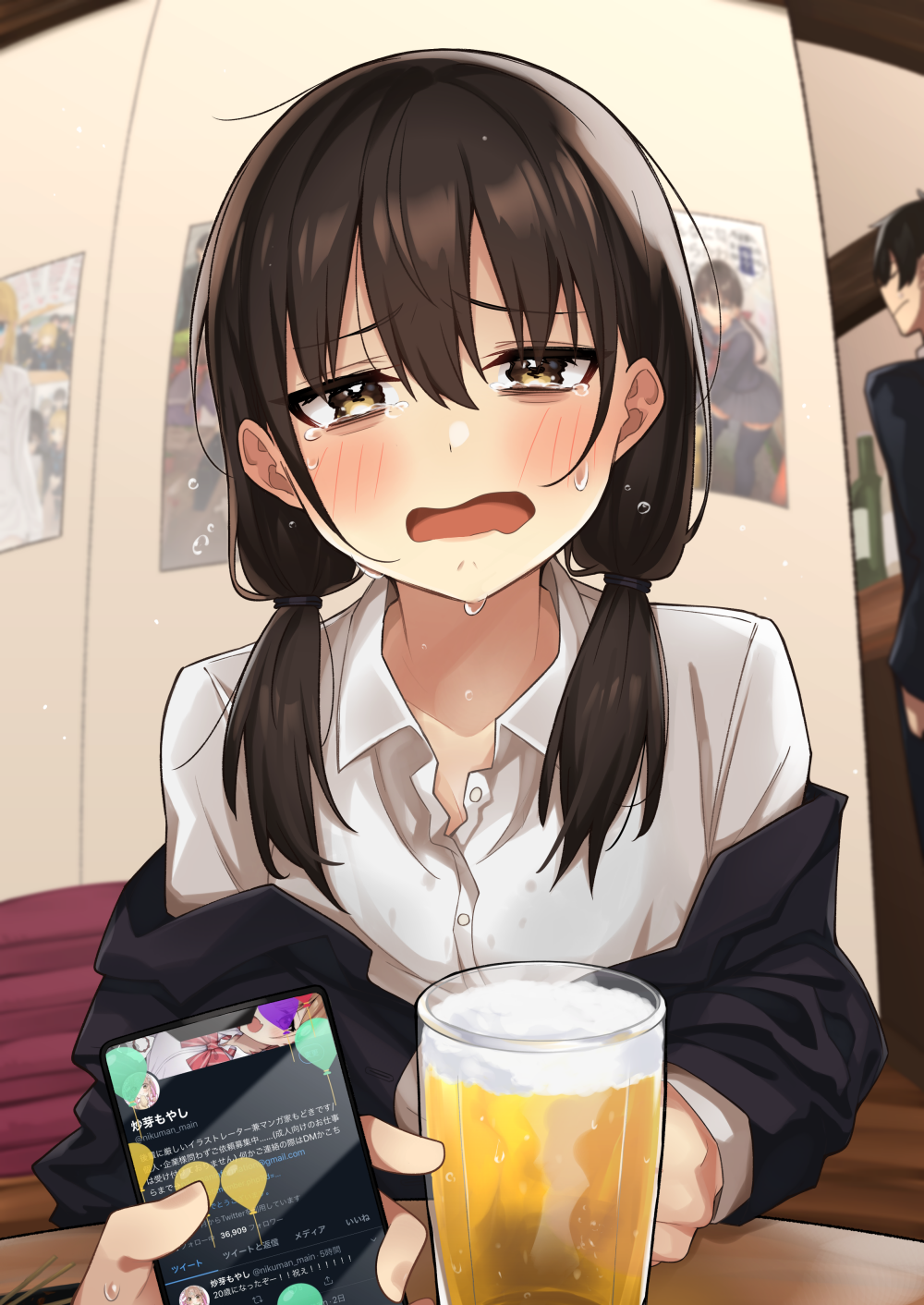 1boy 1girl alcohol bangs beer black_jacket blurry blurry_background blush brown_eyes brown_hair cellphone collared_shirt commentary_request crying eyebrows_visible_through_hair hair_over_shoulder half-closed_eyes highres holding holding_phone indoors itame_moyashi jacket long_hair long_sleeves looking_at_viewer low_twintails off-shoulder_jacket off_shoulder open_mouth original phone pov pov_hands shirt smartphone solo_focus sweatdrop tears twintails twitter white_shirt