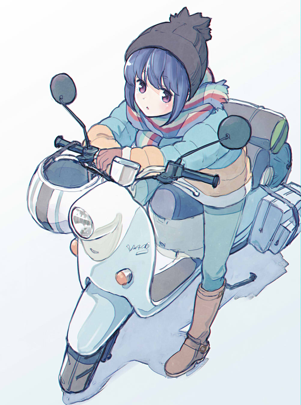 1girl bag beanie blue_hair boots commentary_request eyebrows_visible_through_hair gloves ground_vehicle hat headwear_removed helmet helmet_removed highres jacket leaning_against_motorcycle looking_at_viewer motor_vehicle motorcycle multicolored multicolored_clothes multicolored_jacket multicolored_scarf pants sakino_shingetsu scarf scooter shadow shima_rin simple_background solo striped striped_scarf violet_eyes winter_clothes yurucamp