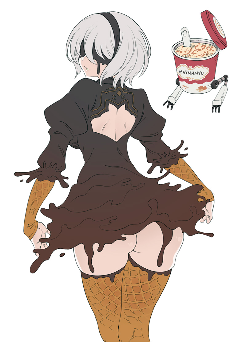 1girl ass backless_outfit black_blindfold black_dress blindfold brand_name_imitation brown_gloves chocolate dress food food_themed_clothes gloves ice_cream melting meme nier_(series) nier_automata platinum_games_inc. pod_(nier_automata) robot simple_background spoon square_enix twitter_username vinhnyu white_background white_hair yorha_no._2_type_b