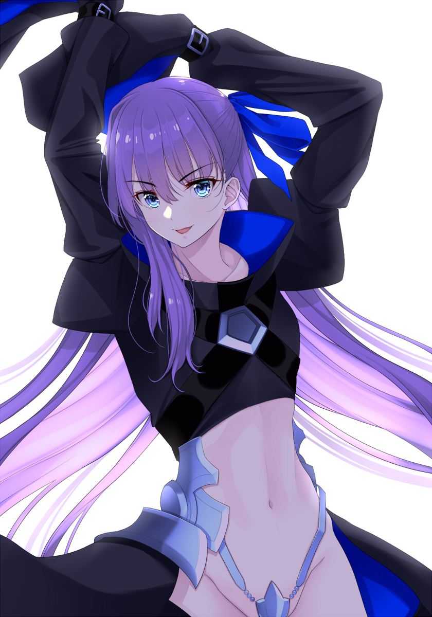 1girl :d arms_up bangs black_shirt blue_bow blue_eyes bow collarbone commentary_request crop_top crotch_plate eyebrows_visible_through_hair fate/extra fate/extra_ccc fate_(series) groin hair_between_eyes hair_bow high_collar highres juliet_sleeves kiyomin long_hair long_sleeves looking_at_viewer meltryllis navel open_mouth puffy_sleeves purple_hair shirt simple_background sleeves_past_fingers sleeves_past_wrists smile solo v-shaped_eyebrows very_long_hair white_background