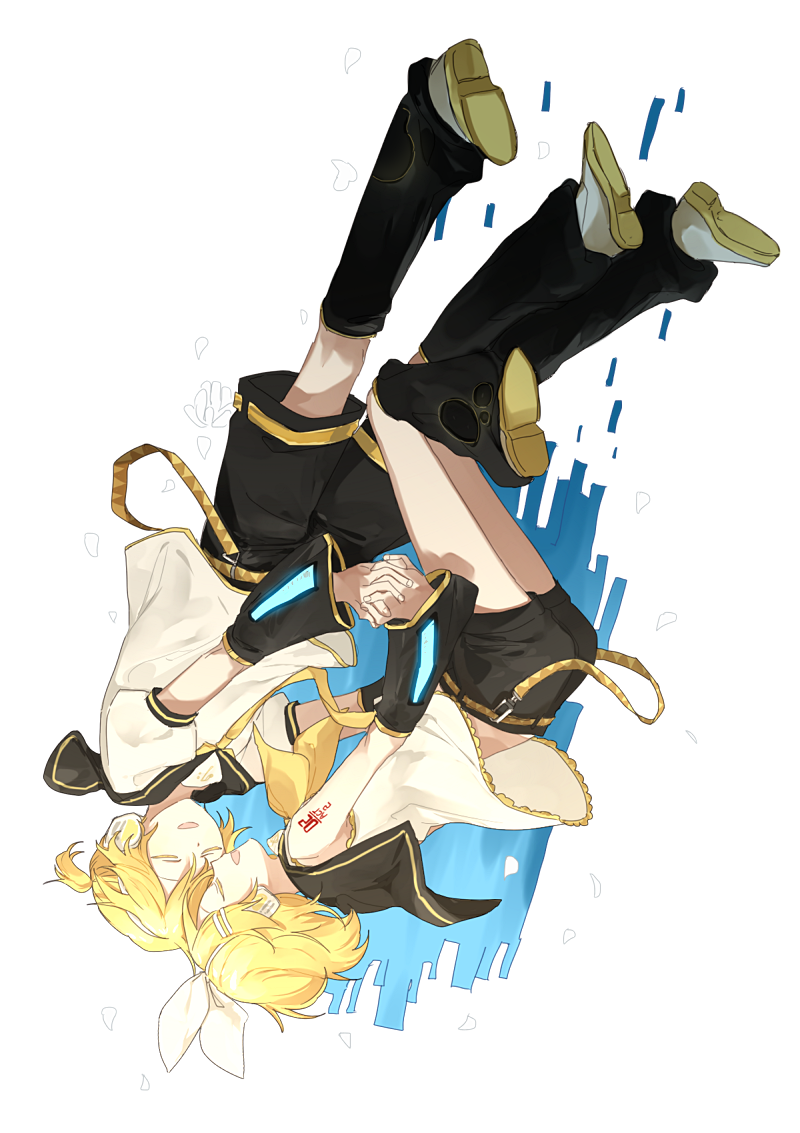 1boy 1girl arm_warmers bangs bare_shoulders bass_clef belt black_collar black_shorts black_sleeves blonde_hair bow closed_eyes collar commentary_request falling falling_petals forehead-to-forehead full_body hair_bow hair_ornament hairclip headphones holding_hands kagamine_len kagamine_rin korean_commentary leg_warmers light_smile neckerchief necktie ok_o_o open_mouth petals sailor_collar school_uniform shirt short_hair short_ponytail short_shorts short_sleeves shorts shoulder_tattoo sleeveless sleeveless_shirt spiky_hair swept_bangs tattoo transparent_background treble_clef upside-down vertical_drop_(vocaloid) vocaloid white_bow white_footwear white_petals white_shirt yellow_neckwear