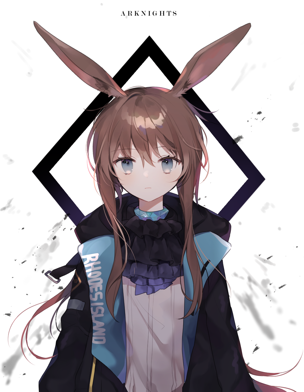 1girl amiya_(arknights) animal_ear_fluff animal_ears arknights ascot bangs black_jacket black_neckwear brown_hair closed_mouth copyright_name eyebrows_visible_through_hair grey_eyes hair_between_eyes highres jacket long_hair looking_at_viewer moffle_(ayabi) open_clothes open_jacket ponytail purple_neckwear rabbit_ears shirt sidelocks solo upper_body very_long_hair white_background white_shirt