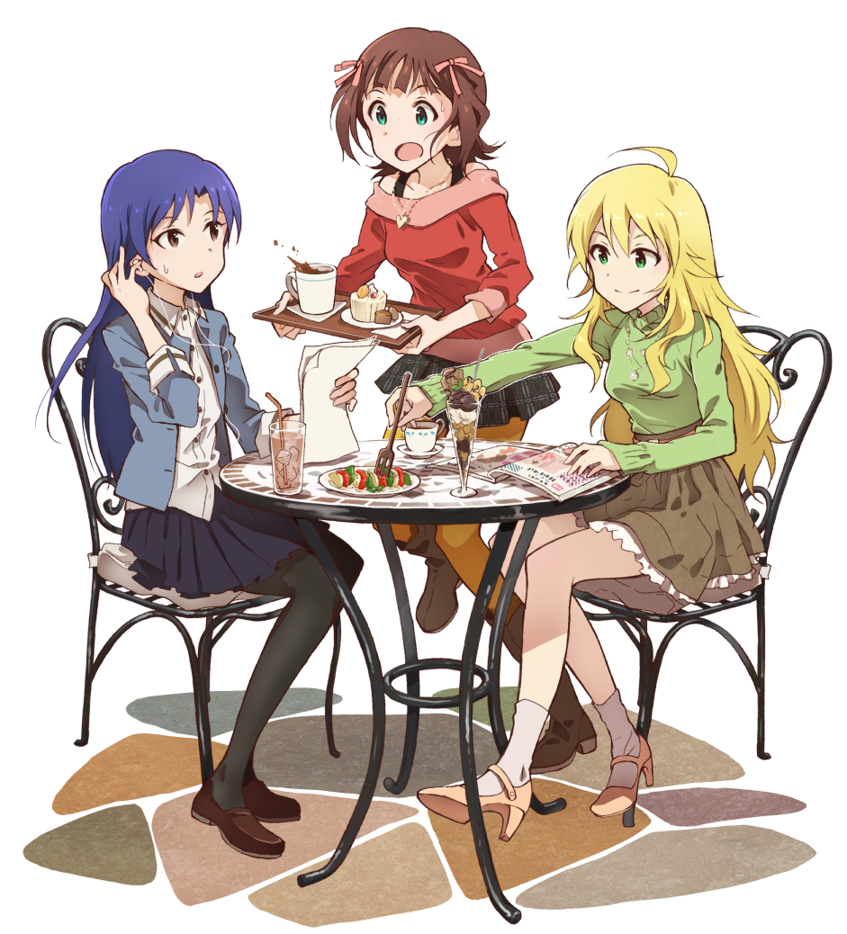 3girls ahoge amami_haruka bare_shoulders black_legwear black_skirt blonde_hair blue_hair blue_jacket blue_skirt blush boots breasts brown_eyes brown_footwear brown_hair charin closed_mouth collarbone commentary cup drinking_straw earphones flat_chest food fork full_body fur_trim green_eyes green_shirt hair_ribbon high_heels holding holding_fork holding_paper holding_tray hoshii_miki idolmaster idolmaster_(classic) jacket kisaragi_chihaya loafers long_hair long_sleeves looking_at_another medium_breasts miniskirt multiple_girls official_art open_clothes open_jacket open_mouth orange_legwear outdoors paper parfait pink_ribbon plaid plaid_skirt pleated_skirt reading red_shirt ribbon shirt shoes short_hair sitting skirt smile sweatdrop sweater table teacup tray white_legwear white_shirt