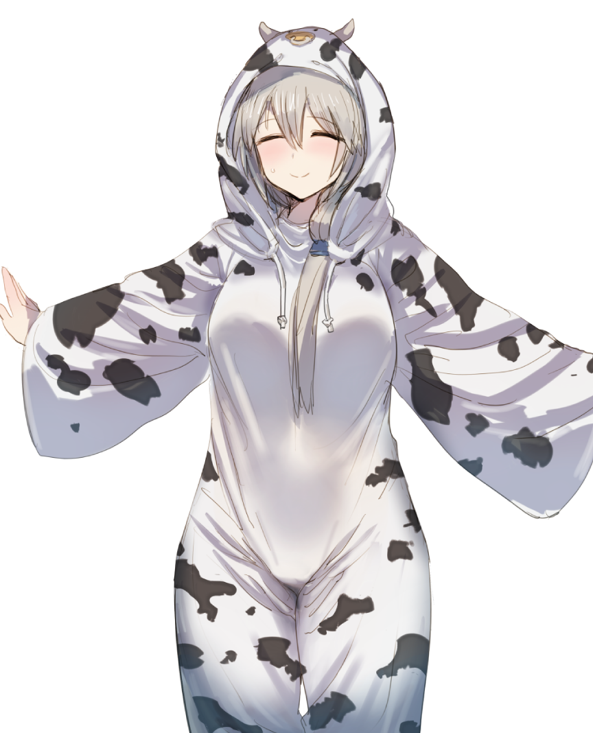 1girl animal_costume blush bow_(bhp) breasts closed_eyes closed_mouth cow_costume cowboy_shot drawstring facing_viewer hair_over_shoulder large_breasts long_hair long_sleeves low_ponytail outstretched_arms silver_hair simple_background smile solo uzaki-chan_wa_asobitai! uzaki_tsuki white_background wide_sleeves