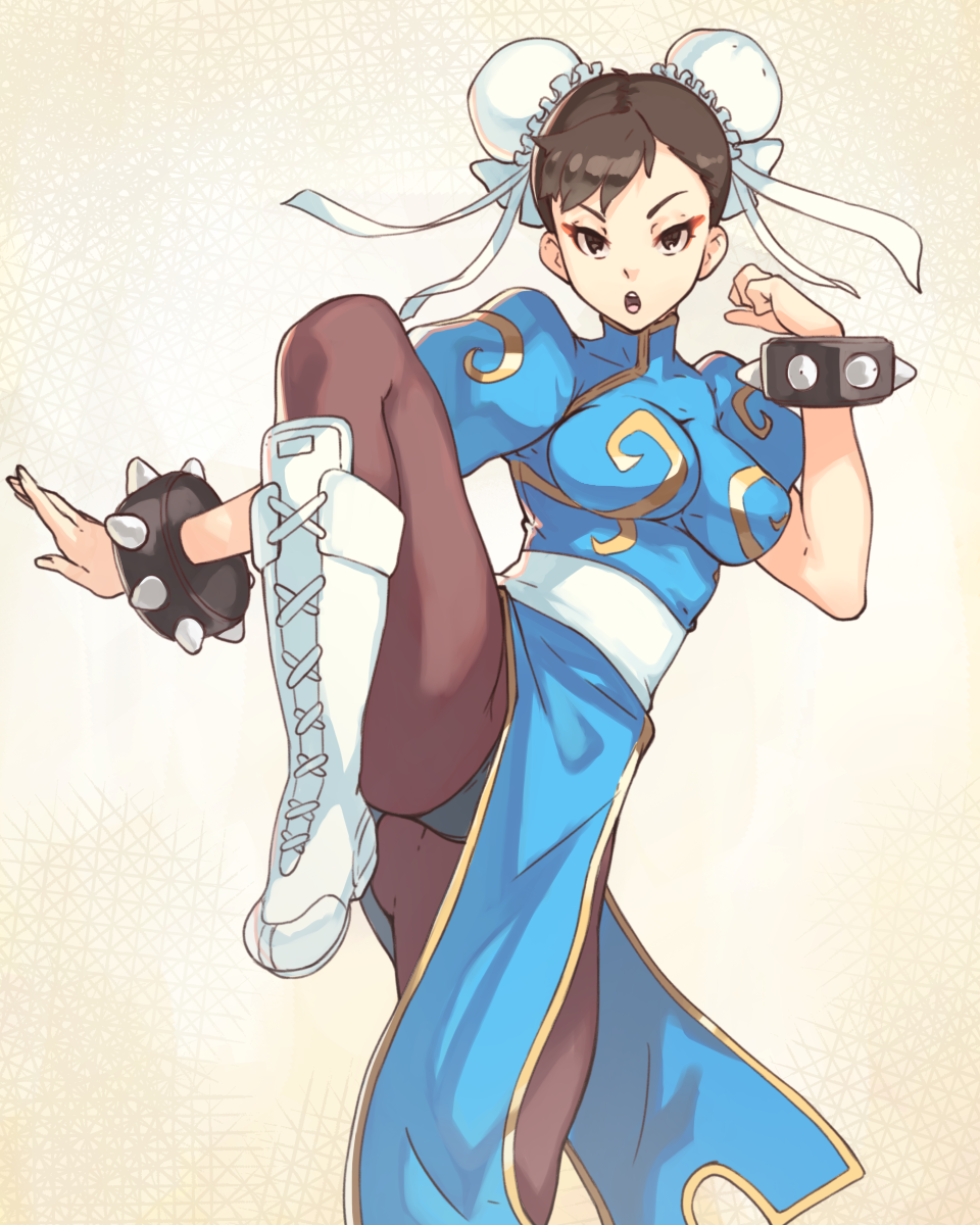 1girl black_panties blue_dress boots bracelet breasts brown_eyes brown_hair brown_legwear bun_cover china_dress chinese_clothes chun-li cross-laced_footwear double_bun dress eyeliner fighting_stance hand_up highres jewelry knee_up large_breasts looking_at_viewer makeup open_mouth panties pantyhose parted_lips puffy_short_sleeves puffy_sleeves sash short_hair short_sleeves solo spiked_bracelet spikes standing standing_on_one_leg street_fighter underwear vins-mousseux white_footwear