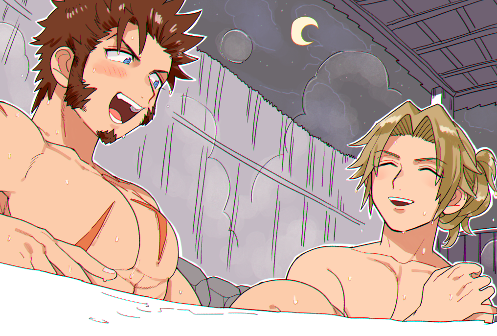 2boys abs bathing beard blue_eyes blush brown_hair chest chiron_(fate) closed_eyes eyebrows_visible_through_hair facial_hair fate/grand_order fate_(series) long_hair male_focus multiple_boys muscle napoleon_bonaparte_(fate/grand_order) onsen open_mouth pectorals scar shitappa sideburns simple_background smile