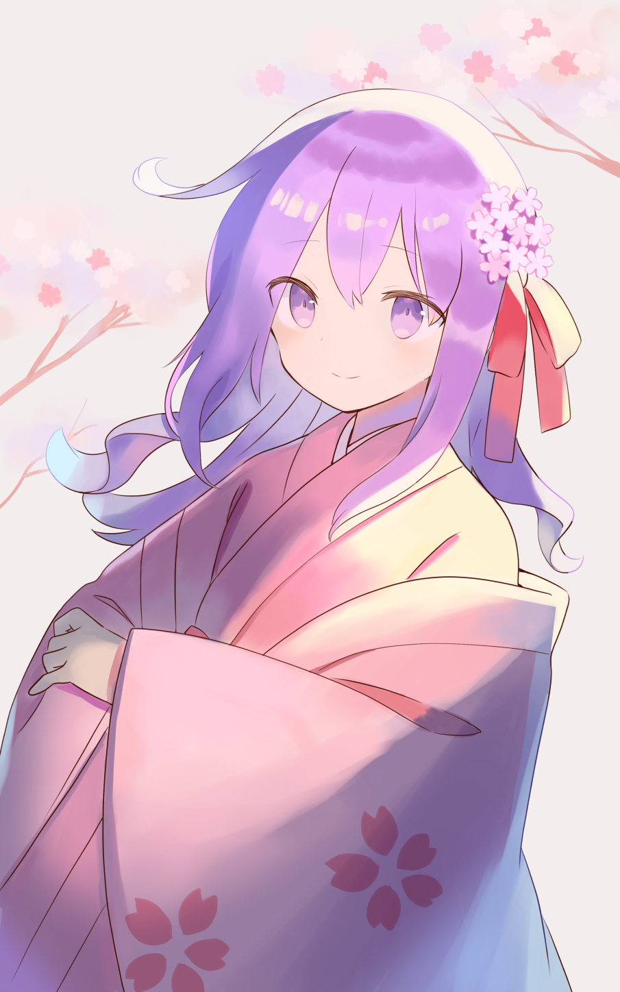 1girl bangs breasts closed_mouth fate/grand_order fate_(series) floral_print flower hair_flower hair_ornament hair_ribbon highres japanese_clothes kimono long_hair long_sleeves looking_at_viewer matou_sakura parvati_(fate/grand_order) pink_kimono purple_hair red_ribbon ribbon smile violet_eyes wide_sleeves zenshin