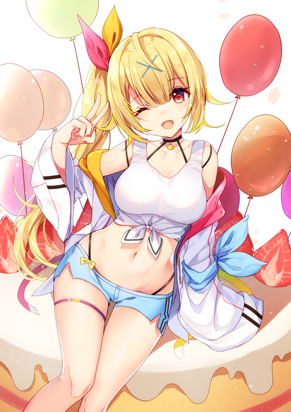 1girl ;d balloon bare_shoulders bison_cangshu black_choker blonde_hair blue_shorts breasts cake choker crop_top food front-tie_top hair_ornament hair_ribbon highleg highres hoshikawa_sara jacket large_breasts long_hair long_sleeves looking_at_viewer midriff navel nijisanji off_shoulder one_eye_closed open_clothes open_jacket open_mouth red_eyes ribbon shirt short_shorts shorts side_ponytail sleeveless sleeveless_shirt smile solo stomach thigh_strap thighs v virtual_youtuber white_jacket white_shirt wide_sleeves x_hair_ornament