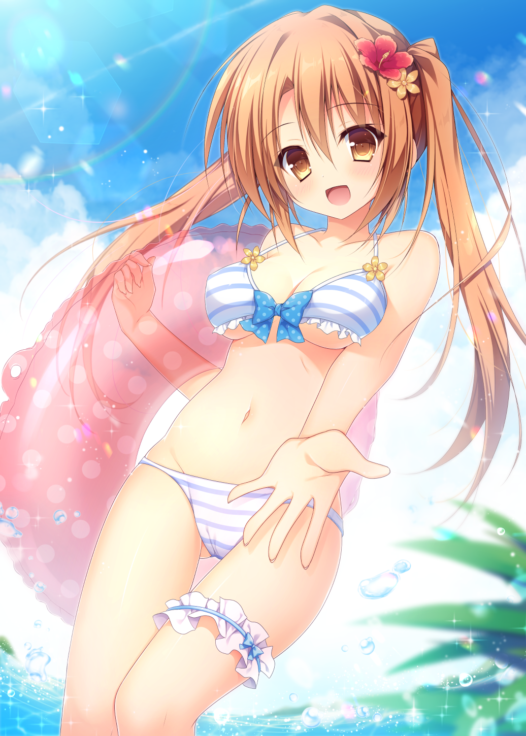1girl :d bangs bare_arms bare_shoulders bikini blue_sky blush breasts brown_eyes brown_flower brown_hair clouds cloudy_sky collarbone commentary_request day eyebrows_visible_through_hair flower frilled_bikini frills hair_between_eyes hair_flower hair_ornament highres innertube looking_at_viewer medium_breasts navel open_mouth original outdoors outstretched_arm pimopi polka_dot red_flower sky smile solo standing striped striped_bikini summer swimsuit twintails