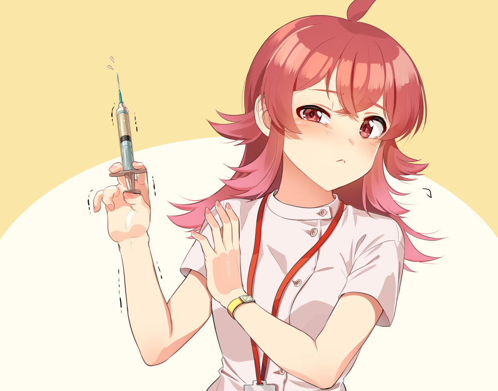 1girl :&lt; ahoge bangs beige_background blush buttons closed_mouth collared_dress commentary_request crossed_bangs dress eyebrows_visible_through_hair fingernails gradient_hair half-closed_eye hands_up holding holding_syringe id_card idolmaster idolmaster_shiny_colors kamille_(vcx68) komiya_kaho lanyard long_hair looking_at_viewer looking_to_the_side multicolored_hair nail_polish nurse pink_hair pink_nails red_eyes redhead scared shiny shiny_hair short_sleeves solo syringe tearing_up trembling two-tone_background upper_body watch watch white_dress yellow_background