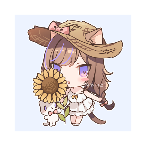 1girl animal animal_ears bangs bare_arms bare_shoulders blue_background blush blush_stickers bow braid brown_hair brown_headwear cat cat_ears cat_girl cat_tail chibi commentary_request dress ears_through_headwear eyebrows_visible_through_hair flower full_body hair_bow hat hat_bow holding holding_flower leo_(mafuyu) long_hair looking_at_viewer lowres mafuyu_(chibi21) multicolored_hair original parted_lips pink_bow purple_hair sleeveless sleeveless_dress solo standing straw_hat streaked_hair sunflower tail twin_braids twitter_username two-tone_background very_long_hair violet_eyes white_background white_cat white_dress white_footwear yellow_flower