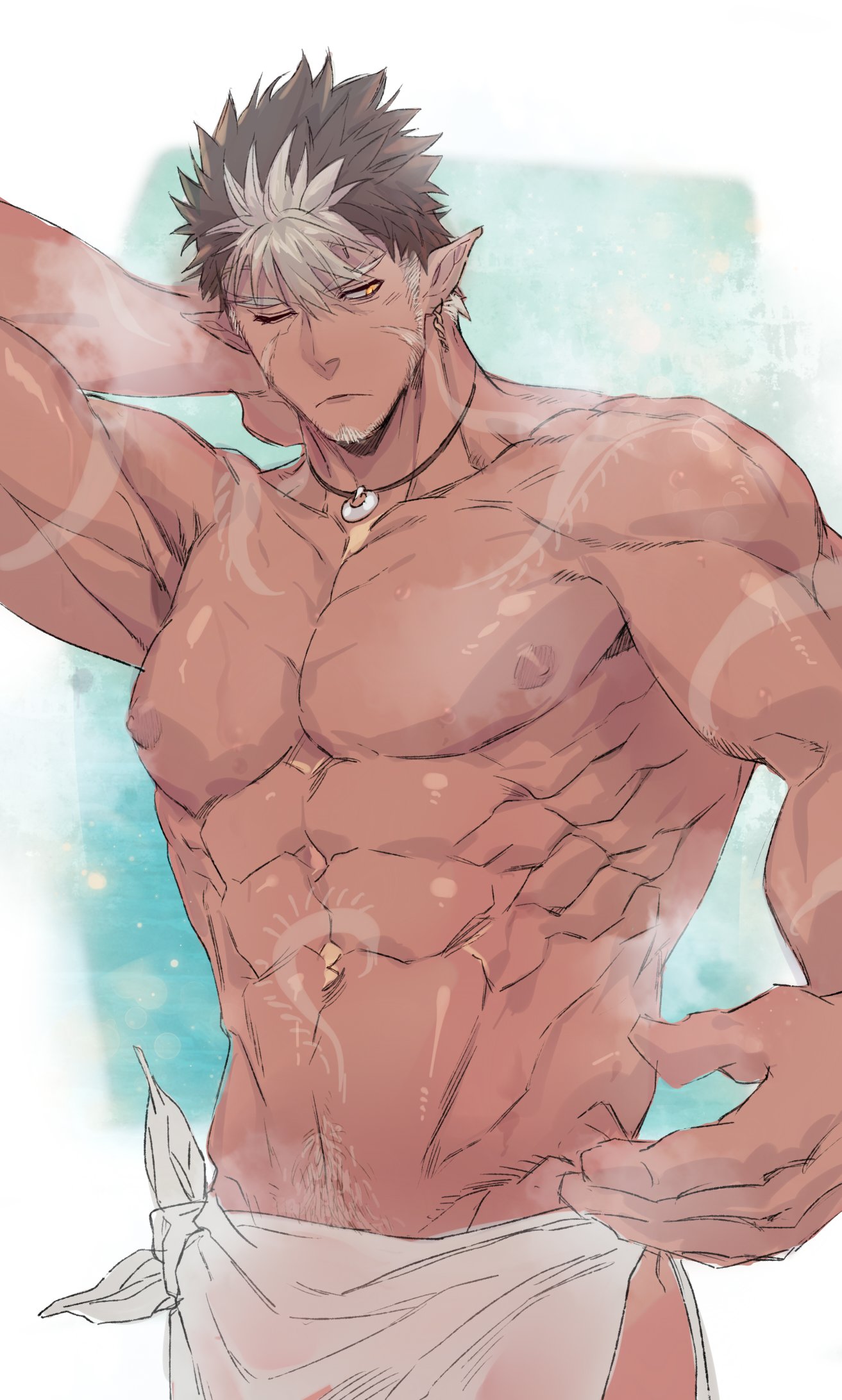 1boy abs bara beard brown_hair chest dark_skin dark_skinned_male facial_hair highres jewelry lamapacosss looking_at_viewer male_focus muscle navel necklace nipples one_eye_closed pectorals pointy_ears shirtless solo spiky_hair steam tangaroa tattoo tokyo_houkago_summoners upper_body white_hair yellow_eyes