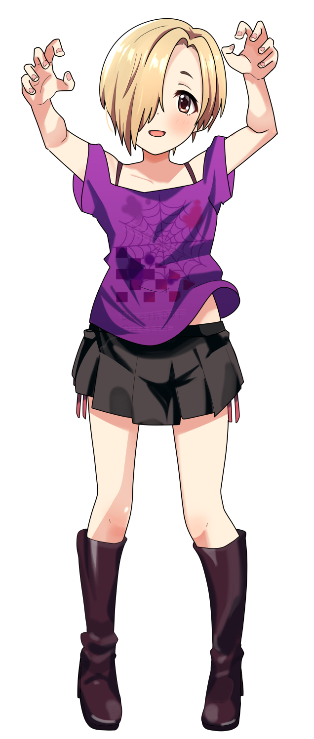 1girl :d black_skirt blonde_hair blush boots bra_strap brown_eyes collarbone full_body hair_over_one_eye highres idolmaster idolmaster_cinderella_girls knee_boots looking_at_viewer miniskirt mitche off-shoulder_shirt off_shoulder open_mouth pleated_skirt print_shirt purple_shirt red_ribbon ribbon shiny shiny_hair shirasaka_koume shirt short_hair simple_background skirt smile solo standing white_background