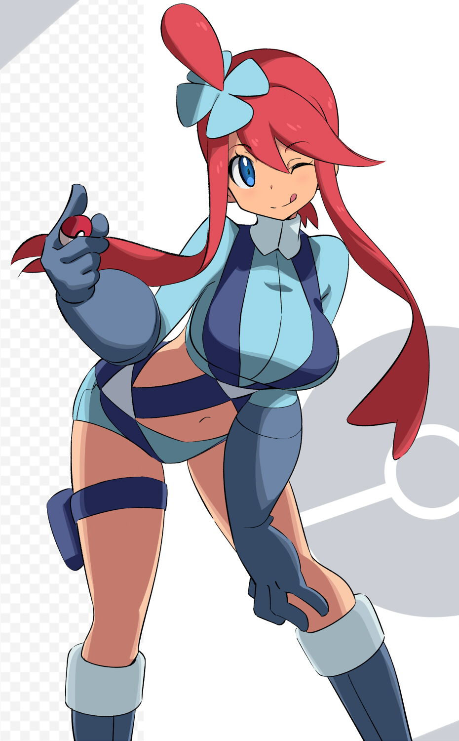 1girl ;q bangs belt blue_belt blue_eyes blue_footwear blue_gloves blue_jacket blue_shorts blush boots breasts commentary_request cowboy_shot cropped_jacket elbow_gloves eyebrows_visible_through_hair fuuro_(pokemon) gloves grey_background gym_leader hair_between_eyes hair_ornament hand_on_own_knee highres holding holding_poke_ball holster jacket knee_boots large_breasts leaning_forward long_hair looking_at_viewer midriff navel one_eye_closed one_side_up poke_ball poke_ball_(basic) pokemon pokemon_(game) pokemon_bw redhead sakuraidai short_shorts shorts sidelocks smile solo standing thigh_holster tongue tongue_out two-tone_background white_background