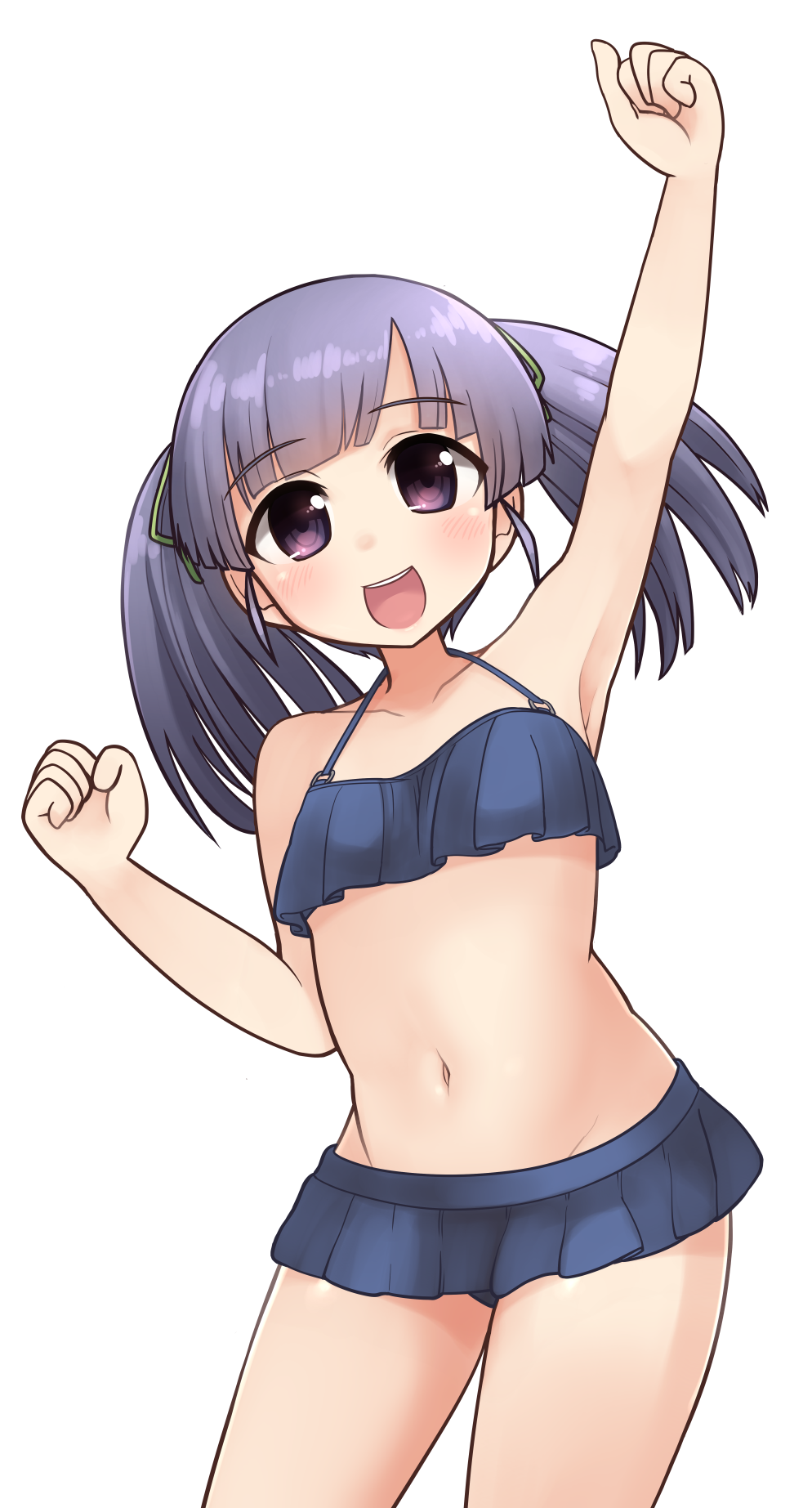 1girl bikini bikini_skirt black_bikini blue_hair commentary_request frilled_bikini frills gradient_sky highres kantai_collection long_hair looking_at_viewer ooshio_(kantai_collection) open_mouth raised_fist round_teeth simoyuki simple_background sky smile solo standing swimsuit teeth twintails upper_teeth violet_eyes white_background