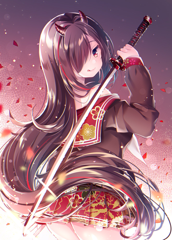 1girl :q ass bare_shoulders black_hair black_shirt blush closed_mouth commentary_request floral_print hand_up holding holding_sword holding_weapon horns katana long_hair long_sleeves looking_at_viewer looking_back multicolored_hair nemuri_nemu off_shoulder original pleated_skirt puffy_long_sleeves puffy_sleeves red_eyes red_sailor_collar red_skirt redhead sailor_collar school_uniform serafuku shirt skirt smile solo streaked_hair sword tongue tongue_out very_long_hair weapon