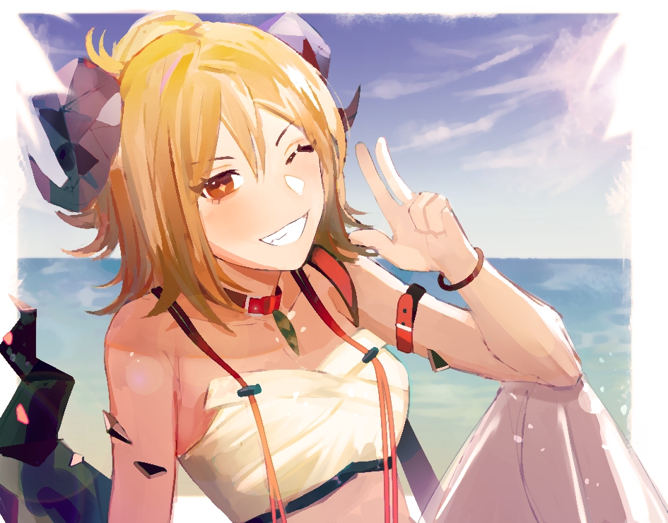 1girl arknights baiwanxinliang bangs bare_shoulders bikini blonde_hair blue_sky blush brown_eyes choker commentary_request day grin hair_between_eyes hand_up horns ifrit_(arknights) looking_at_viewer one_eye_closed ore_lesion_(arknights) outdoors red_choker short_hair sky smile solo swimsuit upper_body w white_bikini