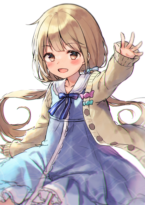 1girl :d bangs blue_bow blue_dress blush bow brown_eyes commentary_request dress eyebrows_visible_through_hair futaba_anzu hair_bow hand_up idolmaster idolmaster_cinderella_girls light_brown_hair long_hair long_sleeves looking_at_viewer low_twintails midorikawa_you open_mouth outstretched_arm sailor_collar sailor_dress simple_background sleeves_past_wrists smile solo striped striped_bow twintails very_long_hair white_background white_sailor_collar