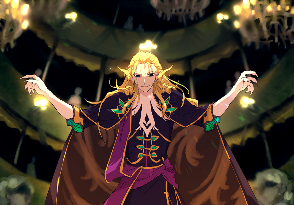 1boy blonde_hair cape fate/grand_order fate_(series) formal green_eyes indoors long_hair male_focus open_mouth pale_skin rondo_(poccal) solo sweat very_long_hair wolfgang_amadeus_mozart_(fate/grand_order)