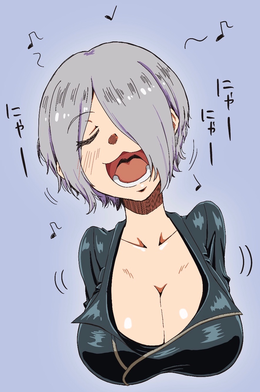 1girl angel_(kof) breasts closed_eyes highres large_breasts musical_note okazunoridesuyo one_eye_covered open_mouth short_hair the_king_of_fighters upper_body white_hair