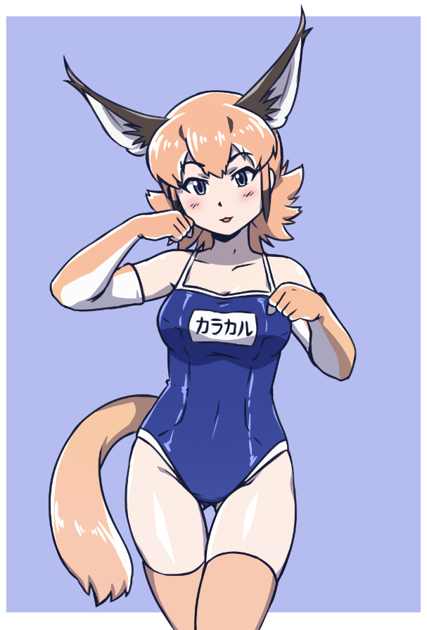 1girl :3 :p acesrulez alternate_costume bare_shoulders blue_eyes caracal_(kemono_friends) caracal_ears caracal_girl caracal_tail commentary_request cowboy_shot elbow_gloves extra_ears eyebrows_visible_through_hair gloves kemono_friends orange_hair school_uniform short_hair sleeveless solo tail thigh-highs tongue tongue_out translation_request zettai_ryouiki