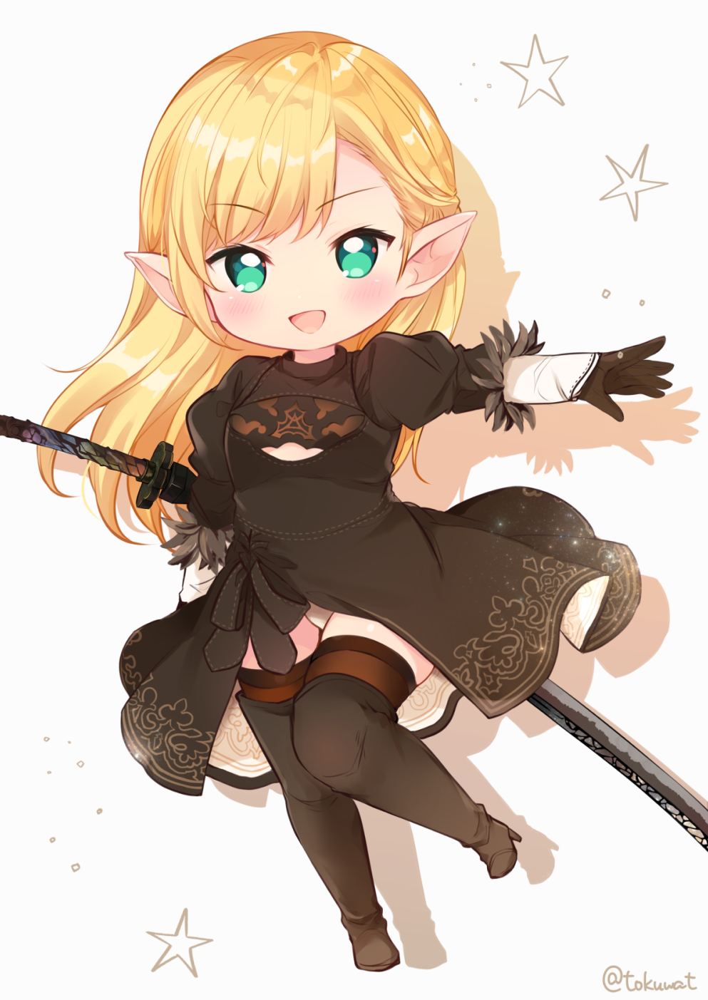 1girl :d black_dress black_footwear black_gloves black_legwear blonde_hair blush boots commentary_request cosplay dress drop_shadow final_fantasy final_fantasy_xiv fukunoki_tokuwa full_body gloves green_eyes grey_background high_heel_boots high_heels highres katana lalafell leotard leotard_under_clothes long_hair looking_at_viewer nier_(series) nier_automata open_mouth outstretched_arm pointy_ears puffy_short_sleeves puffy_sleeves sheath sheathed short_sleeves smile solo standing standing_on_one_leg star_(symbol) sword thigh-highs thigh_boots twitter_username v-shaped_eyebrows very_long_hair weapon white_leotard yorha_no._2_type_b yorha_no._2_type_b_(cosplay)