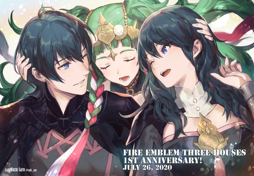 1boy 2girls anniversary armor azutarou blue_eyes blue_hair braid byleth_(fire_emblem) byleth_eisner_(female) byleth_eisner_(male) closed_eyes copyright_name dated fire_emblem fire_emblem:_three_houses green_hair long_hair multiple_girls one_eye_closed open_mouth parted_lips ribbon_braid short_hair sothis_(fire_emblem) tiara twin_braids twitter_username upper_body