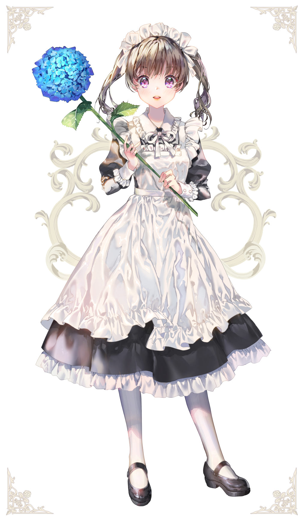 1girl :d apron bangs black_dress black_footwear blue_flower brown_hair collared_dress commentary_request dress eyebrows_visible_through_hair flower frilled_apron frilled_dress frilled_shirt_collar frills full_body highres holding holding_flower hydrangea juliet_sleeves long_sleeves looking_at_viewer maid maid_apron maid_headdress mary_janes mintchoco_(orange_shabette) neck_ribbon open_mouth original pantyhose puffy_sleeves ribbon shoes smile solo standing twintails upper_teeth violet_eyes white_apron white_background white_legwear white_ribbon