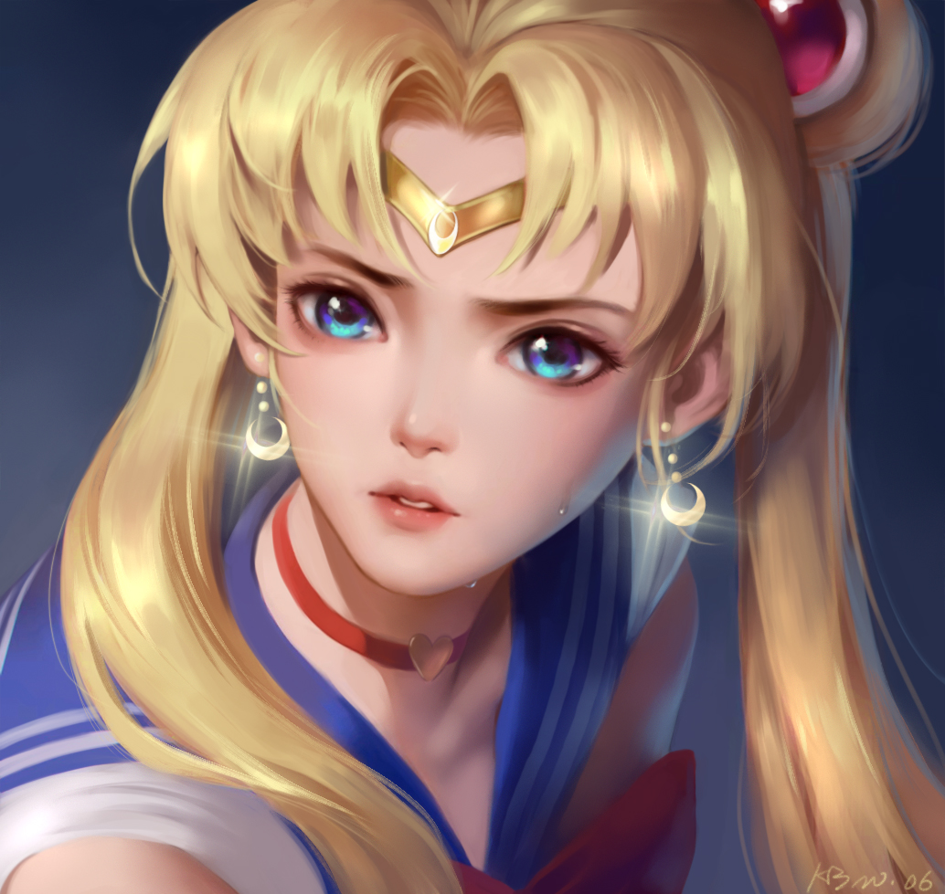 1girl bishoujo_senshi_sailor_moon blonde_hair blue_eyes blue_sailor_collar bow bowtie choker circlet collarbone crescent crescent_earrings earrings floating_hair hair_bun hair_intakes hair_ornament hair_over_shoulder heart heart_choker jewelry kbmomo long_hair parted_lips portrait red_bow red_choker red_neckwear sailor_collar sailor_moon sailor_moon_redraw_challenge sailor_senshi_uniform shiny shiny_hair signature solo sparkle sweatdrop tsukino_usagi very_long_hair