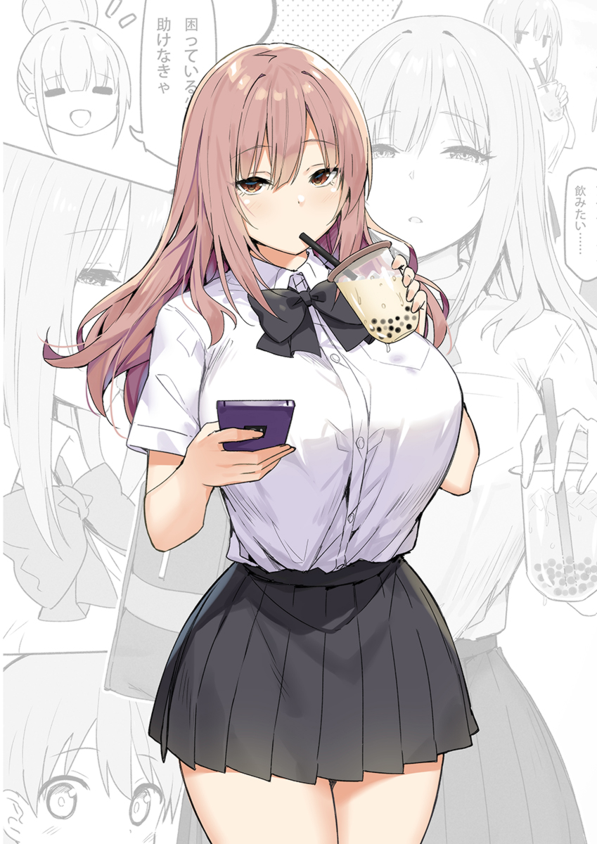 1boy 3girls bangs black_bow black_skirt bow breasts brown_eyes brown_hair bubble_tea cellphone collared_shirt commentary cup dress_shirt drinking_straw eyebrows_visible_through_hair hair_between_eyes highres holding holding_cup holding_phone large_breasts long_hair looking_at_viewer multiple_girls original phone pleated_skirt school_uniform shirt skirt sky_(freedom) solo_focus tented_shirt white_shirt
