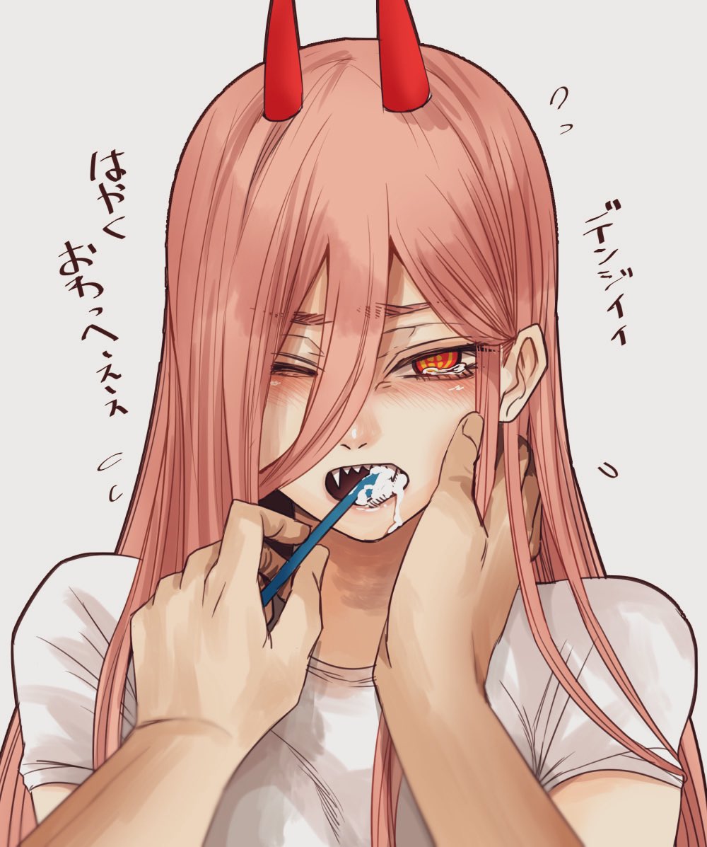 +_+ 1girl bangs blush breasts brushing_teeth chainsaw_man collarbone commentary_request crosshair_pupils demon_girl demon_horns eyebrows_visible_through_hair fangs hair_between_eyes half-closed_eyes hand_on_another's_face holding_toothbrush horns hoshi_san_3 long_hair looking_at_viewer looking_to_the_side open_mouth pink_hair power_(chainsaw_man) red_horns sharp_teeth shirt short_sleeves sidelocks simple_background solo teeth toothbrush toothbrush_in_mouth very_long_hair white_background white_shirt