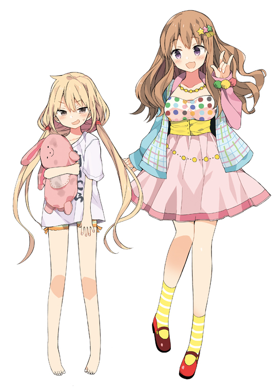 2girls :d \m/ araki_kanao arm_at_side barefoot blonde_hair blue_cardigan blush brown_eyes brown_hair cardigan collarbone commentary_request dirty disconnected_mouth dress eyebrows_visible_through_hair futaba_anzu hair_ornament hair_tie height_difference holding holding_stuffed_animal idolmaster idolmaster_cinderella_girls jewelry layered_clothing legs_together long_hair long_sleeves looking_at_another looking_at_viewer mary_janes moroboshi_kirari multiple_girls necklace open_mouth orange_shorts pink_dress plaid polka_dot polka_dot_dress print_shirt red_footwear shirt shoes short_sleeves shorts sidelocks simple_background single_sleeve smile smug standing standing_on_one_leg star_(symbol) star_hair_ornament striped striped_dress striped_legwear striped_shorts stuffed_animal stuffed_bunny stuffed_toy sweatdrop t-shirt twintails underbust very_long_hair violet_eyes wavy_hair white_background white_nails white_shirt wide_sleeves yellow_legwear