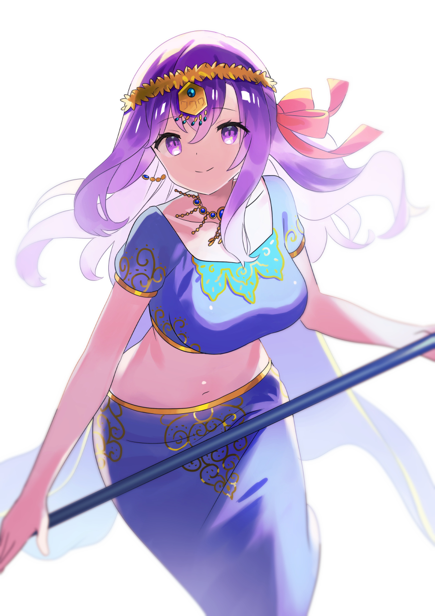 1girl bangs blue_shirt blue_skirt breasts circlet closed_mouth collarbone cropped_shirt earrings fate/grand_order fate_(series) hair_ribbon highres indian_clothes jewelry large_breasts long_hair long_skirt looking_at_viewer matou_sakura midriff navel necklace parvati_(fate/grand_order) ponytail purple_hair red_ribbon ribbon shirt short_sleeves skirt smile staff violet_eyes zenshin