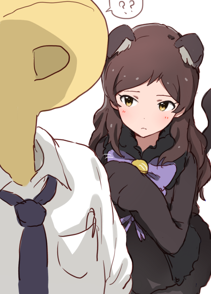 1girl animal_ears bangs bell black_dress blush bow brown_hair cat_ears cat_paws cat_tail closed_mouth dani-ikapi dress fake_animal_ears from_above idolmaster idolmaster_million_live! jingle_bell kitazawa_shiho long_hair looking_at_another p-head_producer parted_bangs paws pen purple_bow purple_neckwear shirt simple_background sketch tail white_background white_shirt yellow_eyes